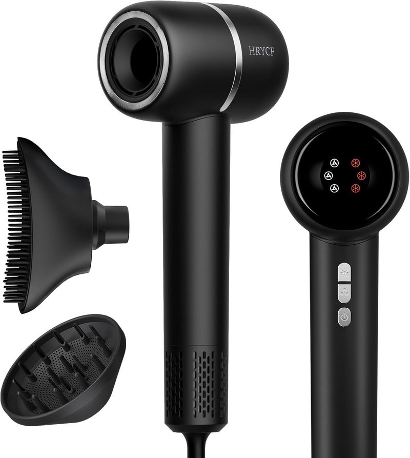 HRYCF Hair Dryer with Smoothing Comb, 160000RPM High Speed Blow Dryer, Negative Ionic Hair Care, Fast Drying and Less Heat Damage, Thermo-Control Low Noise & Portable with Diffuser, Black - Image 1